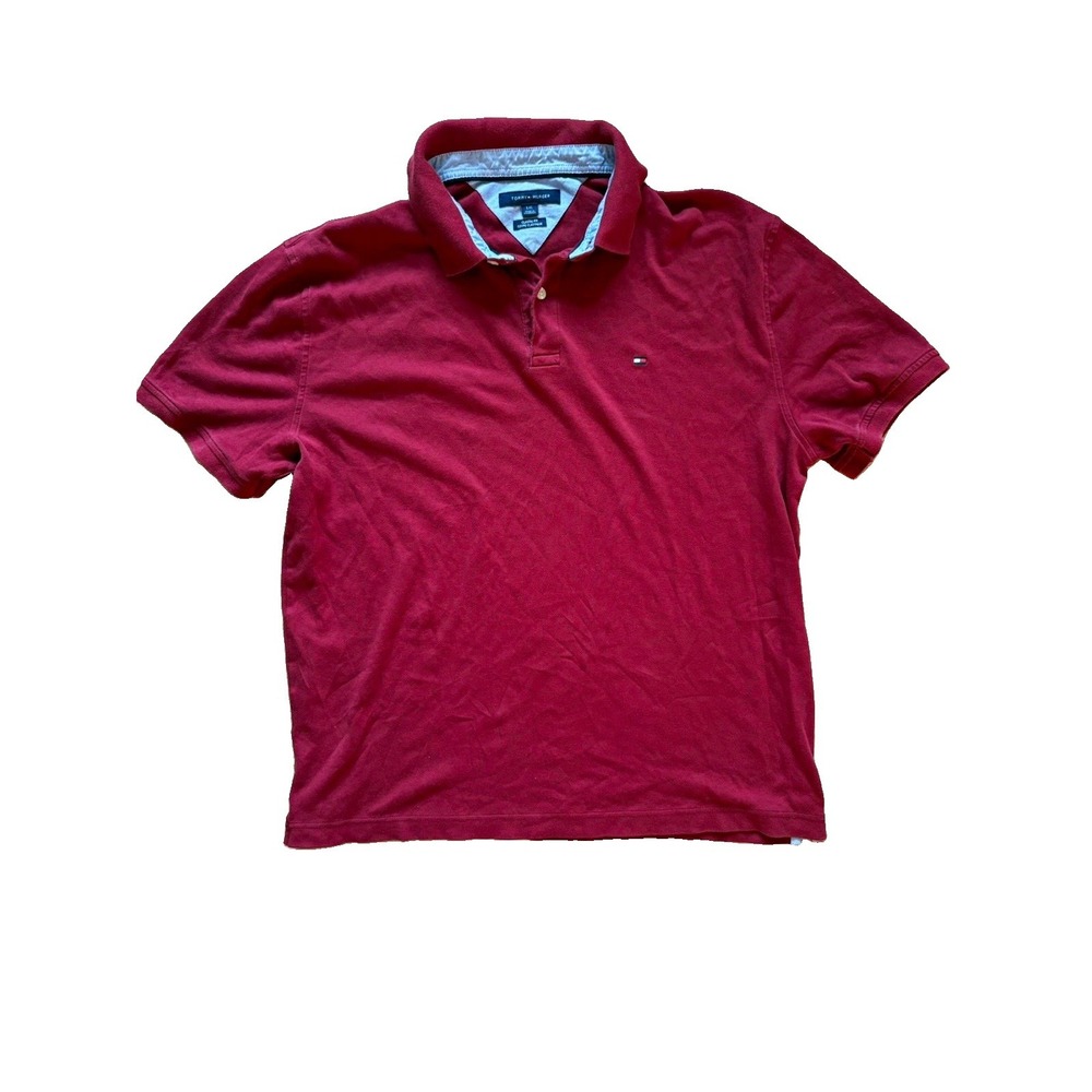 Tommy Hilfiger Men's L Red Solid Logo Short Sleeve Collared Button Polo